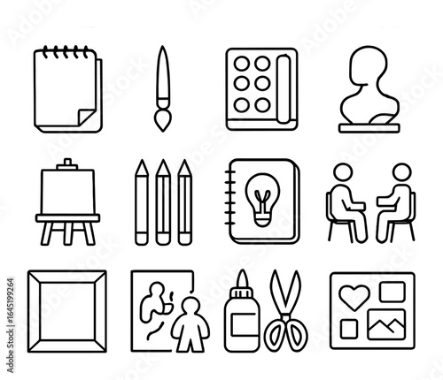 Creative Self-Care Icons. Outline icon set of self-care through art and creative expression: sketchbook,