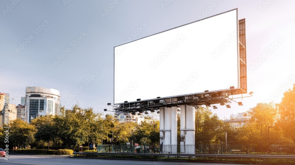 Blank Billboard Against Urban Backdrop, Opportunity for Advertisement in the City Landscape View. Blank Billboard Against Urban Backdrop, Opportunity for Advertisement in the City Landscape View.