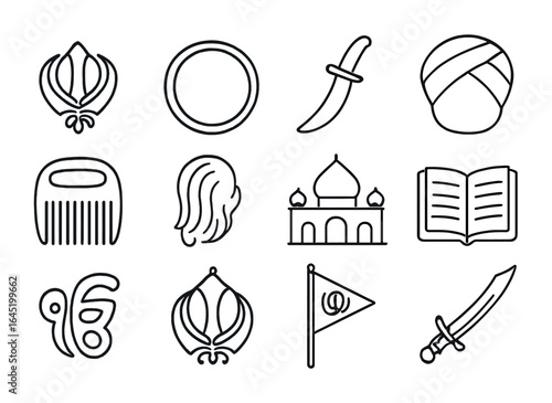 Sikh Symbols Grid. Outline icon set of Sikh identity symbols: khanda, kara, kirpan, turban, comb (kanga),