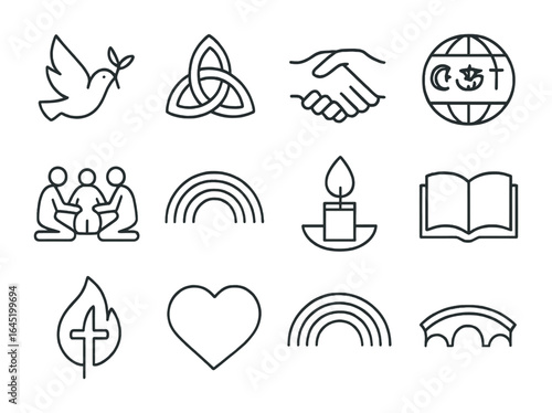 Interfaith Symbols Icon Set. Outline icon set of interfaith symbols: peace dove, unity knot, clasped hands,