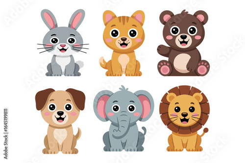 Baby animal friends grid icons, puppy kitten rabbit bear elephant lion panda vector, friendly cartoon illustration, classroom learning clipart, nursery design