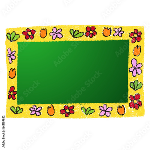Vibrantly Illustrated Green Board Frame for Creative Messages and Playful Designs, Adorned with Hand-Drawn Floral Patterns in a Cheerful, Childlike Style.