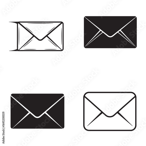 Minimalist black and white email icon collection featuring varied envelope styles and designs