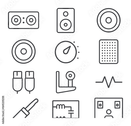 Sound System Icons. Outline icon set of sound system components: center speaker, rear speaker, tweeter, woofer