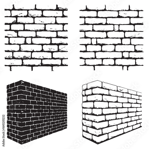Set of four black and white hand drawn brick wall illustrations in various perspectives