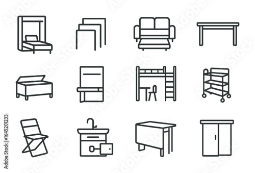 Space-Saving Furniture Icons. Outline icon set of space-saving furniture: Murphy bed, nesting tables,