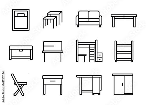 Space-Saving Furniture Icons. Outline icon set of space-saving furniture: Murphy bed, nesting tables,