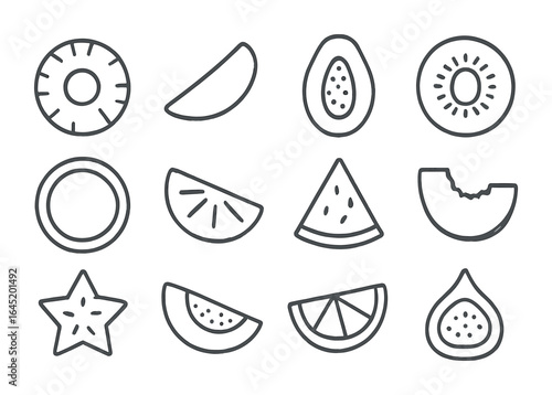 Tropical Fruit Icon Set. Outline icon set of tropical fruit slices: pineapple ring, mango wedge, papaya half,