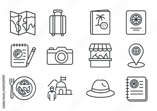 Exotic Fruit Exploration Icons. Outline icon set of exotic fruit exploration: world map, travel bag, tropical