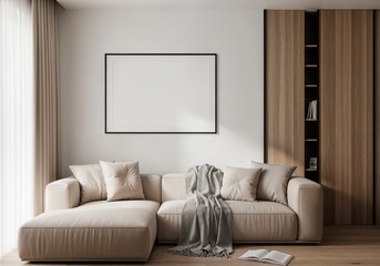 Fotobehang Cappuccinokleur horizontal Frame mockup, landscape paper size. Living room wall blank poster mockup. Interior mockup with house background. Modern interior design. 3D render  © FAFO