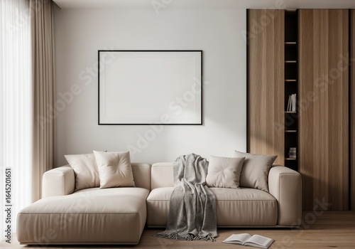 horizontal Frame mockup, landscape paper size. Living room wall blank poster mockup. Interior mockup with house background. Modern interior design. 3D render