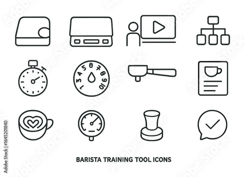 Barista Tools Icons. Outline icon set of barista training tools: tamping mat, scale, video tutorial icon,