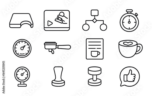 Barista Tools Icons. Outline icon set of barista training tools: tamping mat, scale, video tutorial icon,