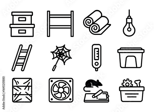 Storage Icon Set. Outline icon set of attic and basement storage: labeled boxes, shelves, insulation, low