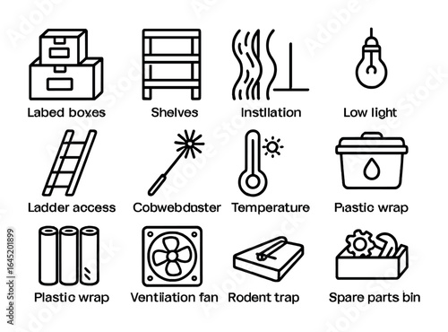 Storage Icon Set. Outline icon set of attic and basement storage: labeled boxes, shelves, insulation, low