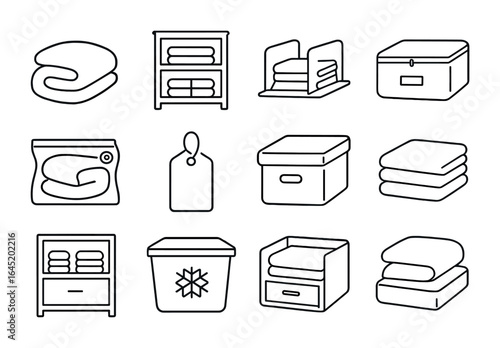 Bedding Storage Icons. Outline vector icons of bedding storage and organization: folded duvet, linen closet,