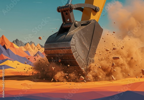 Close up of an excavator bucket digging into dirt. Construction machinery working on a dusty building site. Earthmoving equipment.
