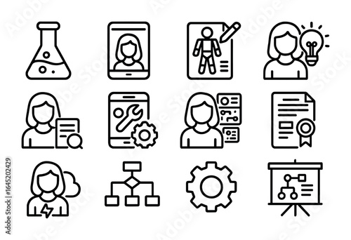 Women-Led Innovator Icons. Outline vector icons of women-led innovation: lab flask, tech device, design