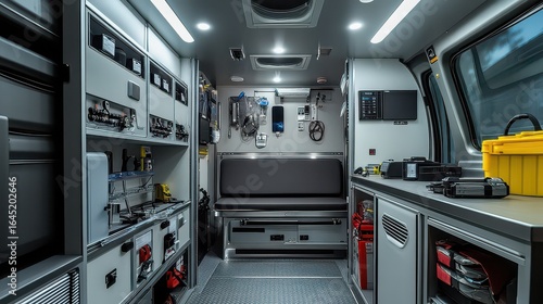 Interior view of an ambulance with medical equipment and a bench seat visible inside the vehicle