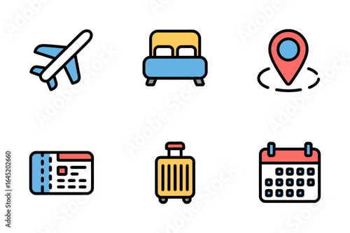 Travel and booking icon set, airplane car location pin ticket luggage calendar, tourism vector illustration, trip planning design, navigation icons