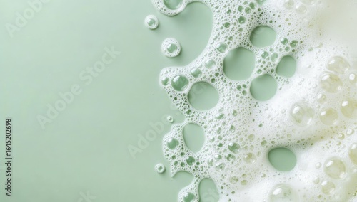 White foam and bubbles on a green background, flat lay. Top view. Milk or shampoo texture. Banner with copy space area for a design template.