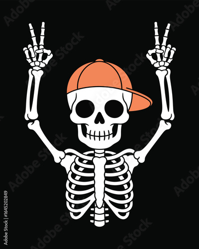 White Skeleton Making Peace Gesture on Black Background