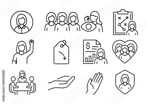 Women-Led Icons Grid. Outline vector icons of women-led organizations: company logo, group of women, shared