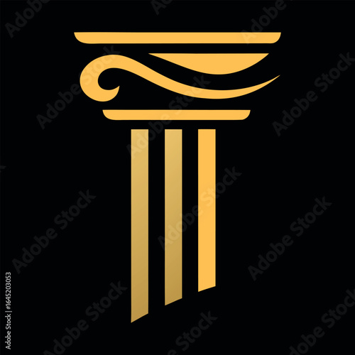 Elegant golden ionic column capital with three fluted shafts on black background