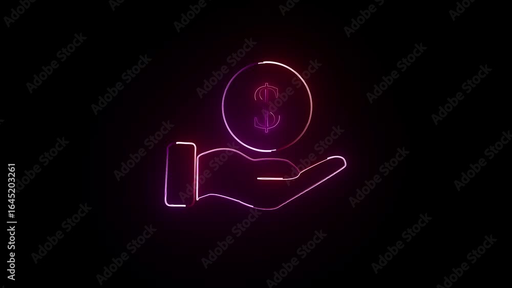 Glowing neon corruption hand in dolar($) red and pink color icon isolated on black background graphic animation 4k video Glowing neon corruption hand in dolar($) red and pink color icon isolated on black background graphic animation 4k video