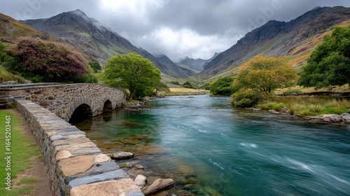 Wallpaper Mural Ancient Stone Bridge Over Misty Mountain River Torontodigital.ca