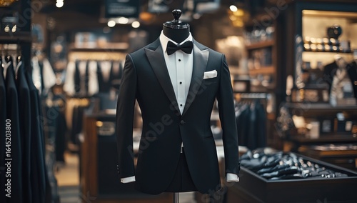 A black tuxedo on a mannequin in the background of a luxury men's store. An elegant suit for evening events and parties.