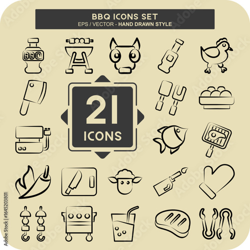 Icon Set BBQ. related to Food symbol. hand drawn style. design editable