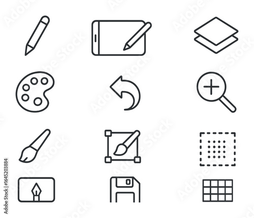 Digital Art Tools Icons. Outline vector icons of digital art classes: stylus pen, tablet screen, layer icon,