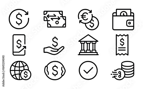 Finance Icons Grid. Outline vector icons of remittances and economic links: dollar arrow, money transfer,