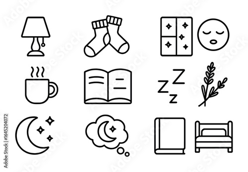 Evening Serenity Icons. Outline vector icons of evening stillness and rest: dim lamp, wool socks, starry