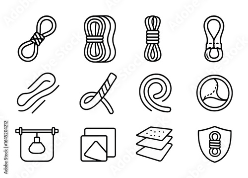 Rope Durability Icons. Outline vector icons of rope durability and materials: steel cable, PVC rope, nylon