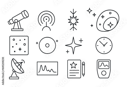 Intergalactic Observation Icons. Outline vector icons of intergalactic observations: space telescope, quasar