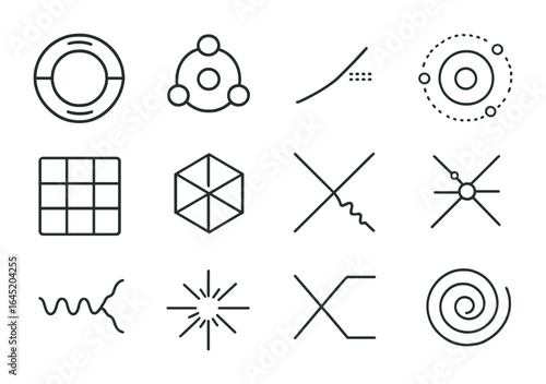 Particle Physics Icons. Outline vector icons of particle physics in cosmology: collider ring, quark icon,