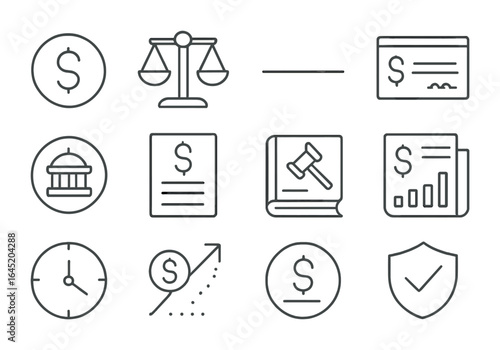 Minimum Wage Icons. Outline vector icons of minimum wage policy: currency icon, wage scale, minimum line,