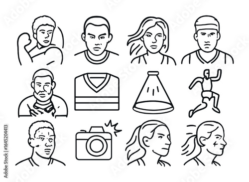 Dynamic Athlete Icons. Outline vector icons of action portraits of athletes: dramatic lighting, intense eyes,