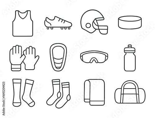 Sports Gear Icons. Outline vector icons of sportswear and gear: jersey, cleats, helmet, sweatband, gloves,