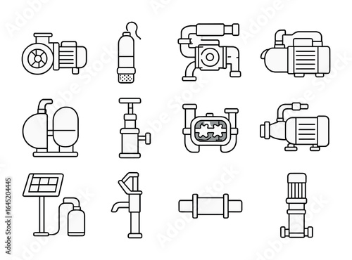 Water Pump Icons. Outline vector icons of types of water pumps: centrifugal pump, submersible pump, diaphragm
