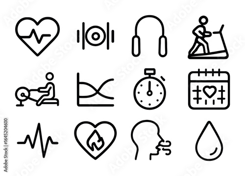 Cardio Training App Icons. Outline vector icons of cardio-focused training apps: heart zone, HIIT intervals,