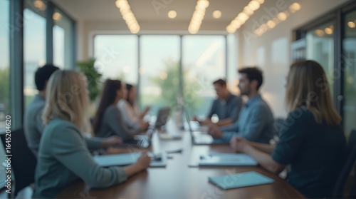 Blurred Team Meeting Around Wooden Table in Bright Office