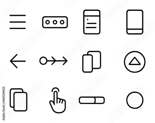 App Navigation Icons Grid. Outline vector icons of navigation patterns in apps: hamburger menu, bottom nav bar