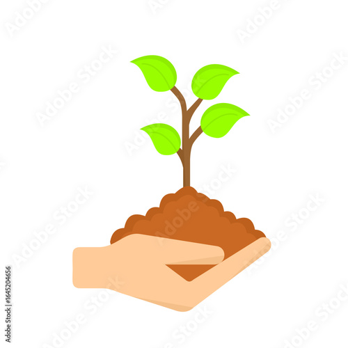 Human hand carefully holding a small green sapling in a handful of soil, a concept of new life, growth, and eco-friendly care.