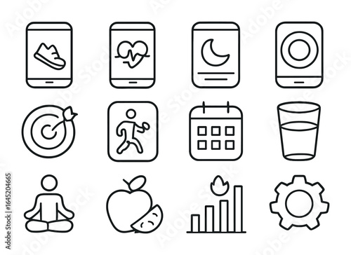 Health App Icons. Outline vector icons of mobile health and fitness apps UI: step counter, heart monitor,