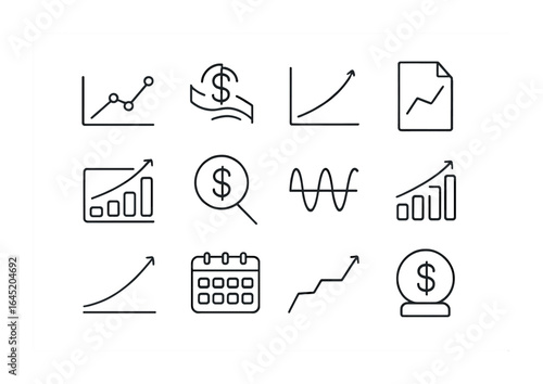 Revenue Forecast Icons. Outline vector icons of revenue forecasting: trend line, income stream, growth curve,