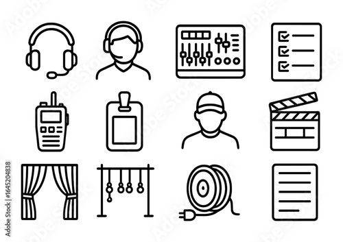 Backstage Technical Icons. Outline vector icons of technical crew and backstage elements: headset icon, stage