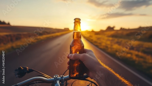 A close-up of a hand holding a beer bottle while riding a bike on a road with a sunset in the background.